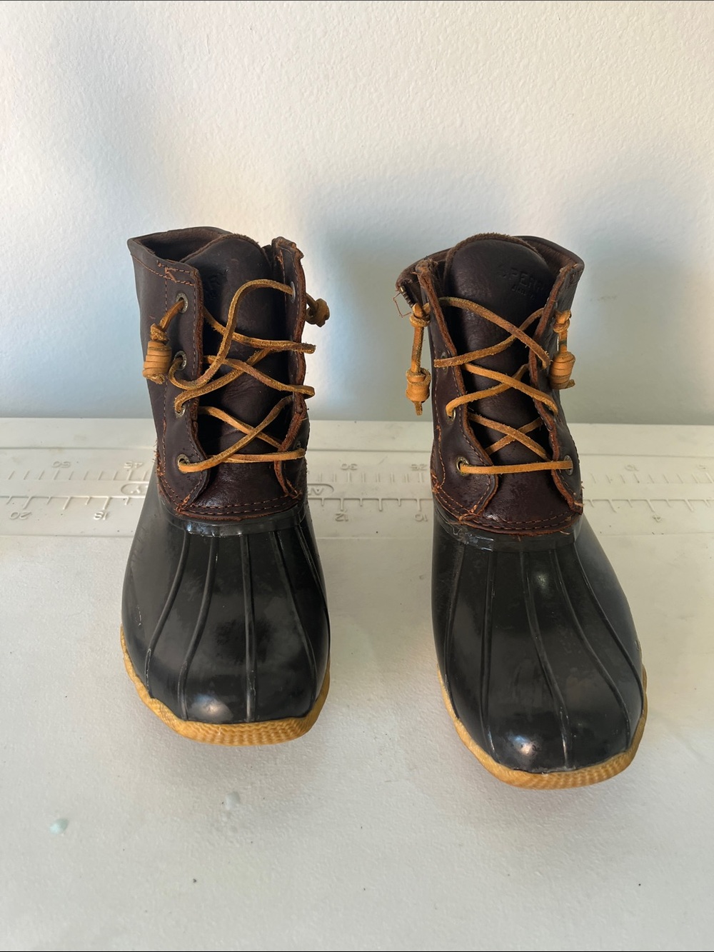 Sperry Brown Leather and Black Rubber Duck Boots with Tan Laces